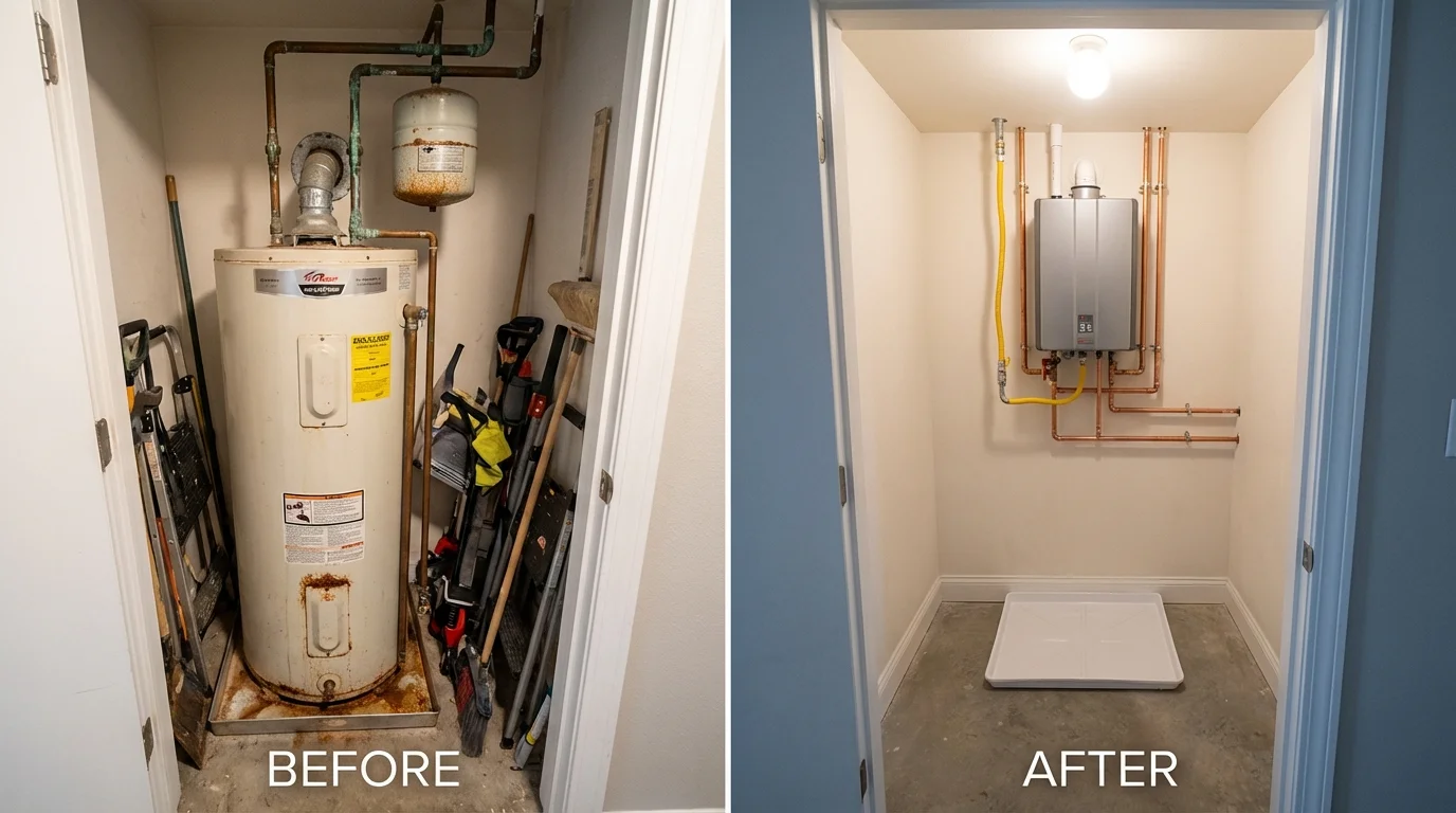Tank water heater versus wall-mounted tankless unit comparison for Trenton, IL homeowners