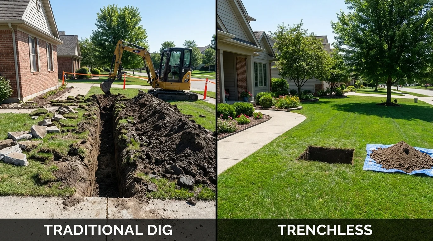 Trenchless sewer repair with minimal yard damage versus traditional excavation in Trenton, IL