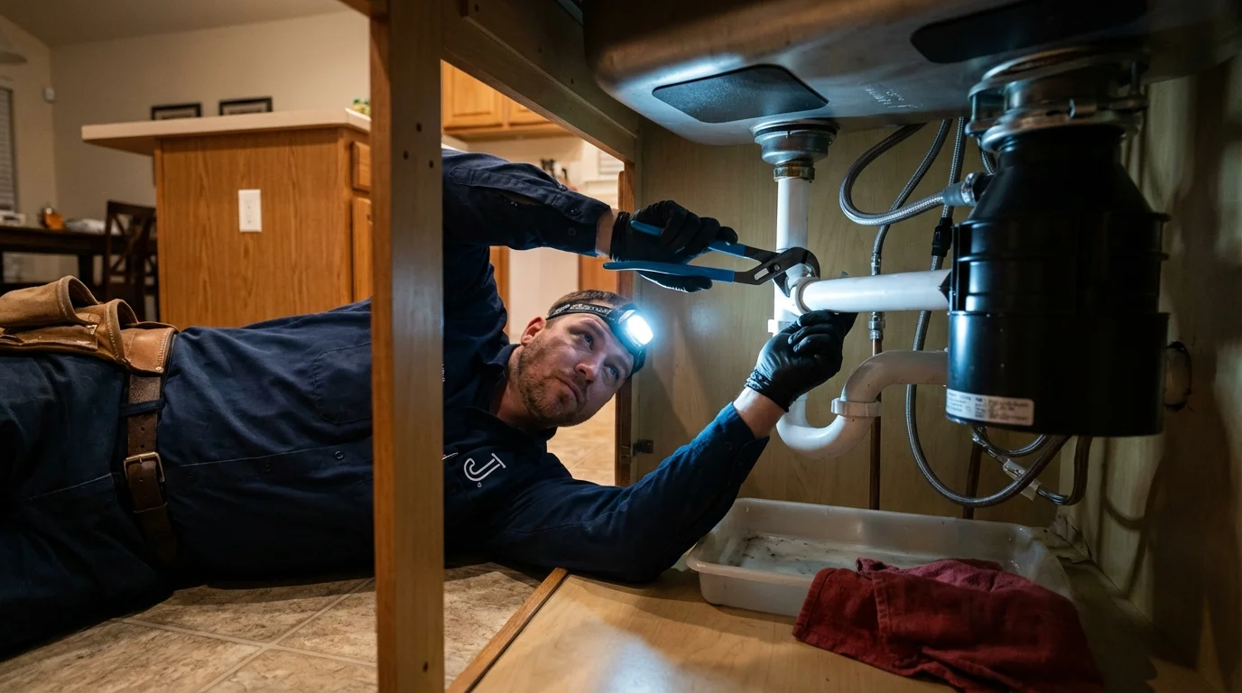 P-trap and supply line connections under a kitchen sink showing a common leak point in Trenton, IL